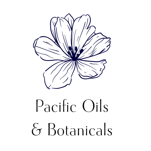 states pacific oils and botanicals under a navy blue flower